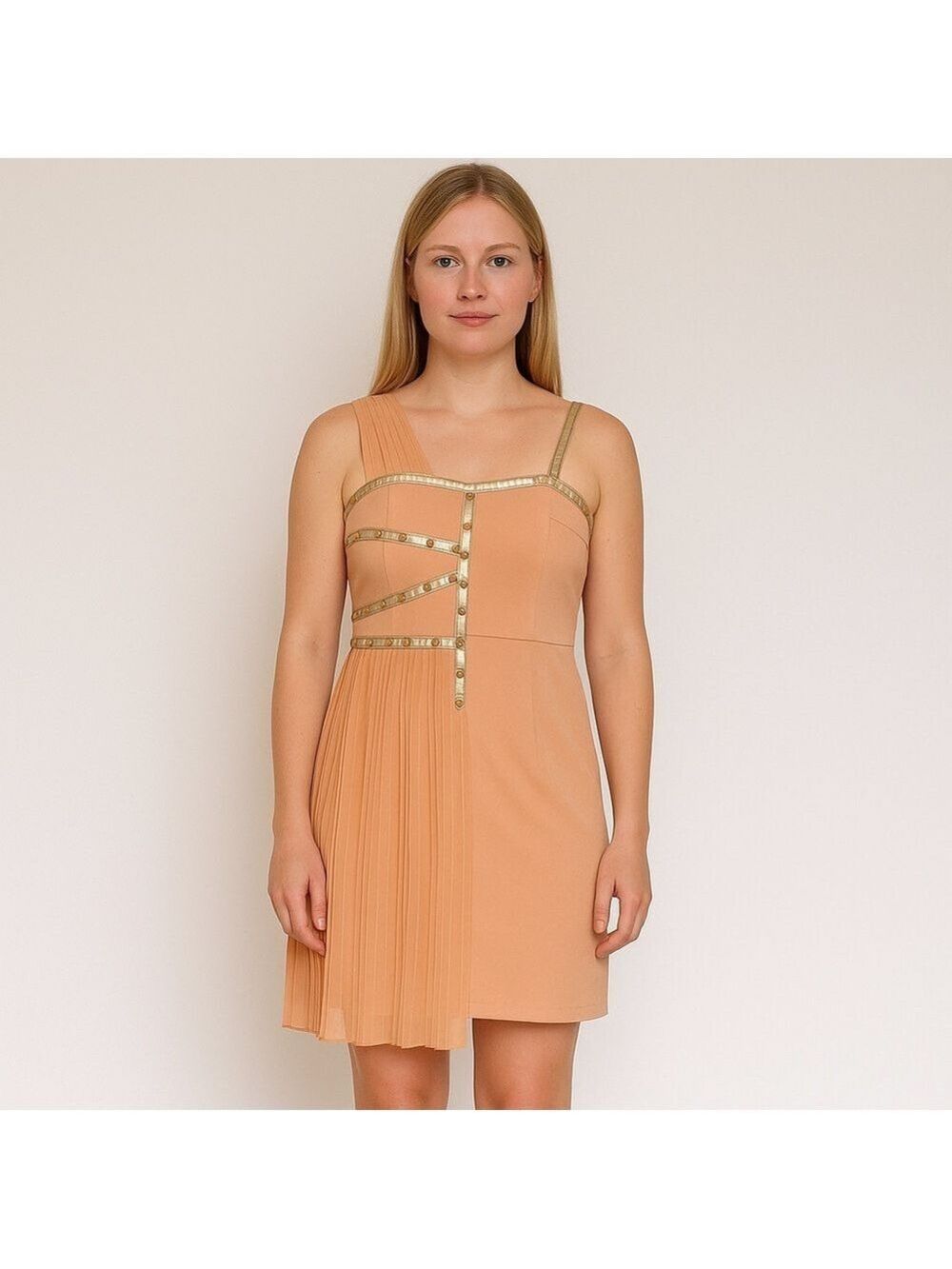 TENAX mini dress pleated peach gold studded asymmetric flattering stretchy 42